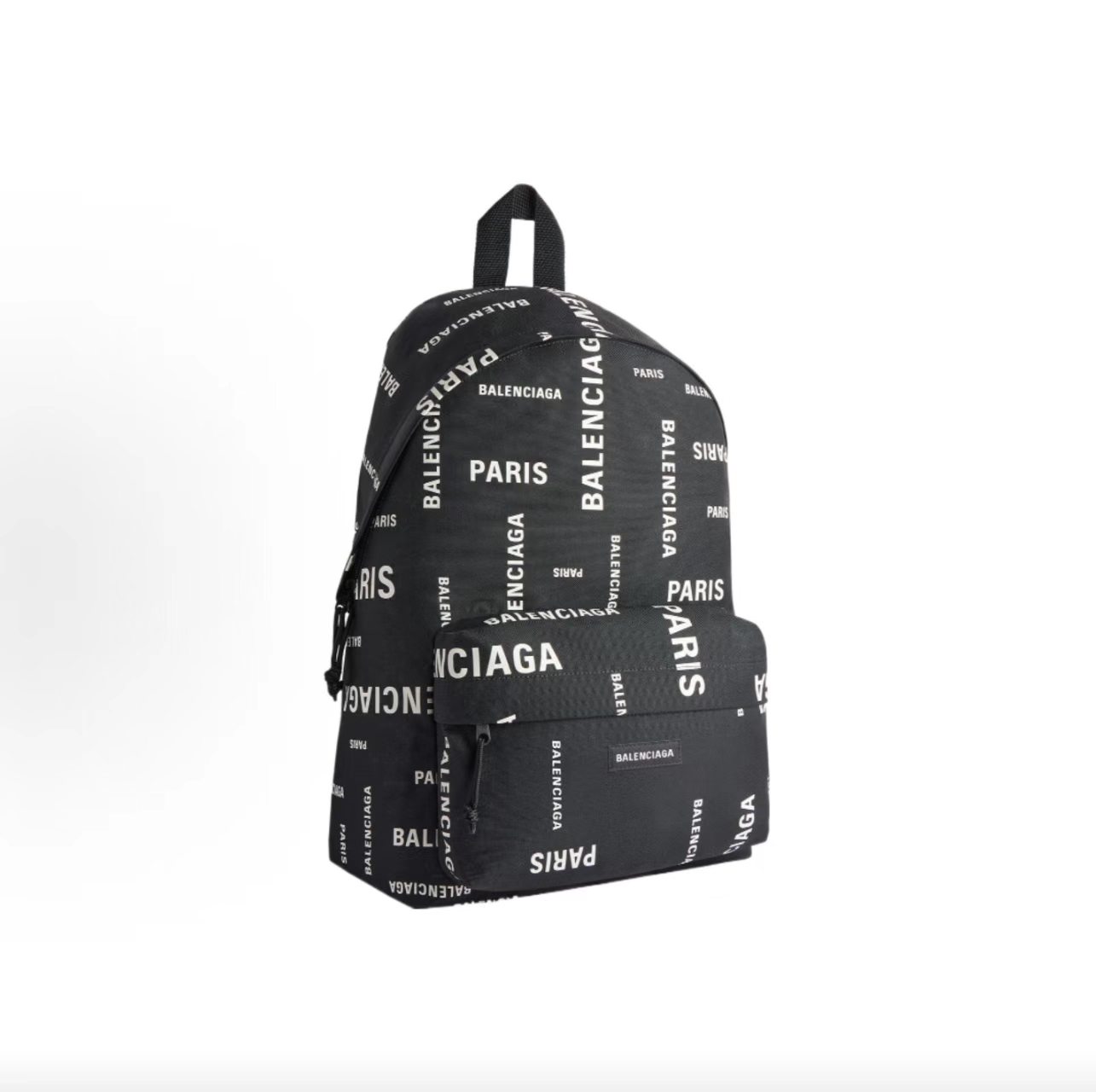Balenciaga Explorer Allover Balenciaga Paris Print Backpack Black White