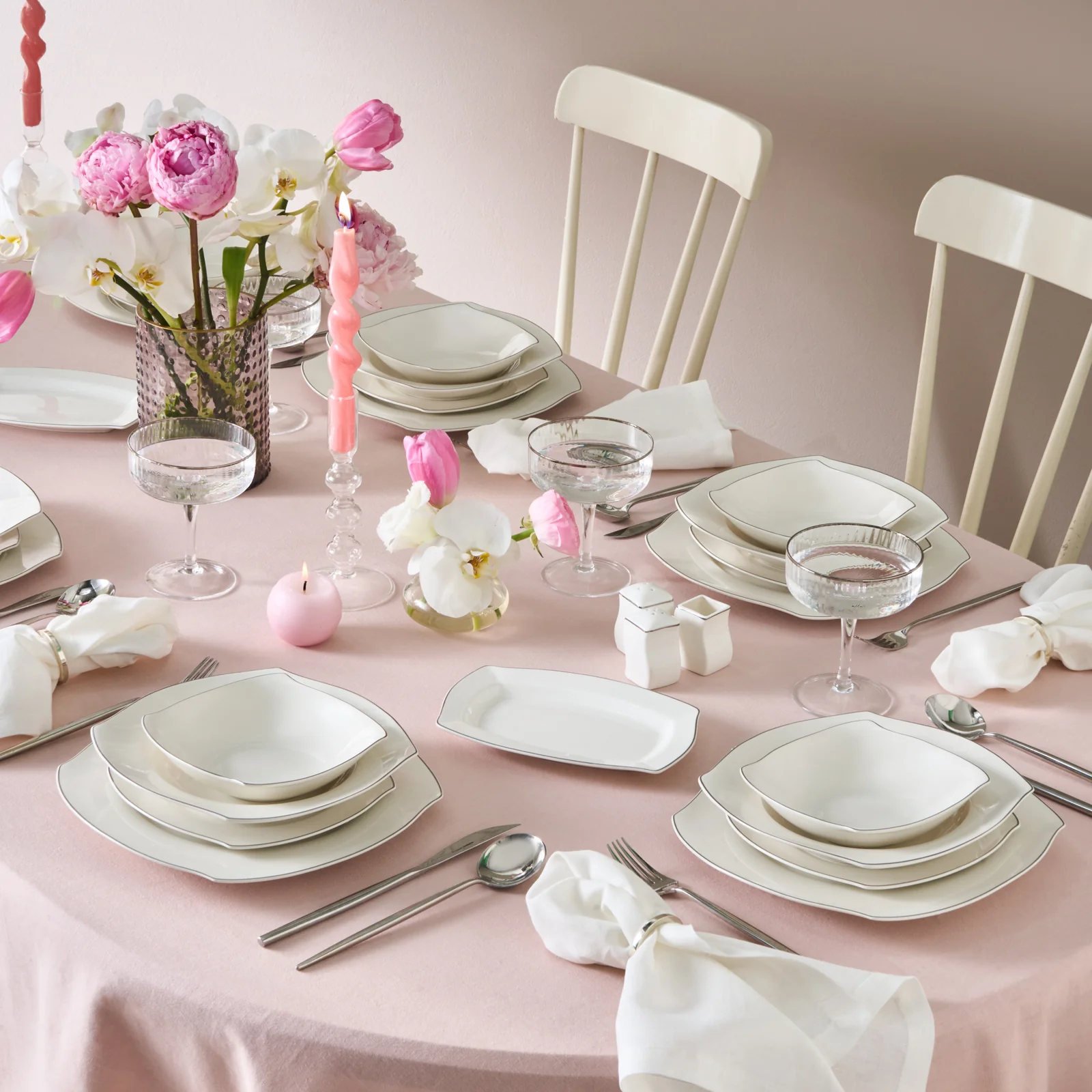 Karaca Square Bone Eterno Service de Table 53 pièces pour 12 personnes Platine