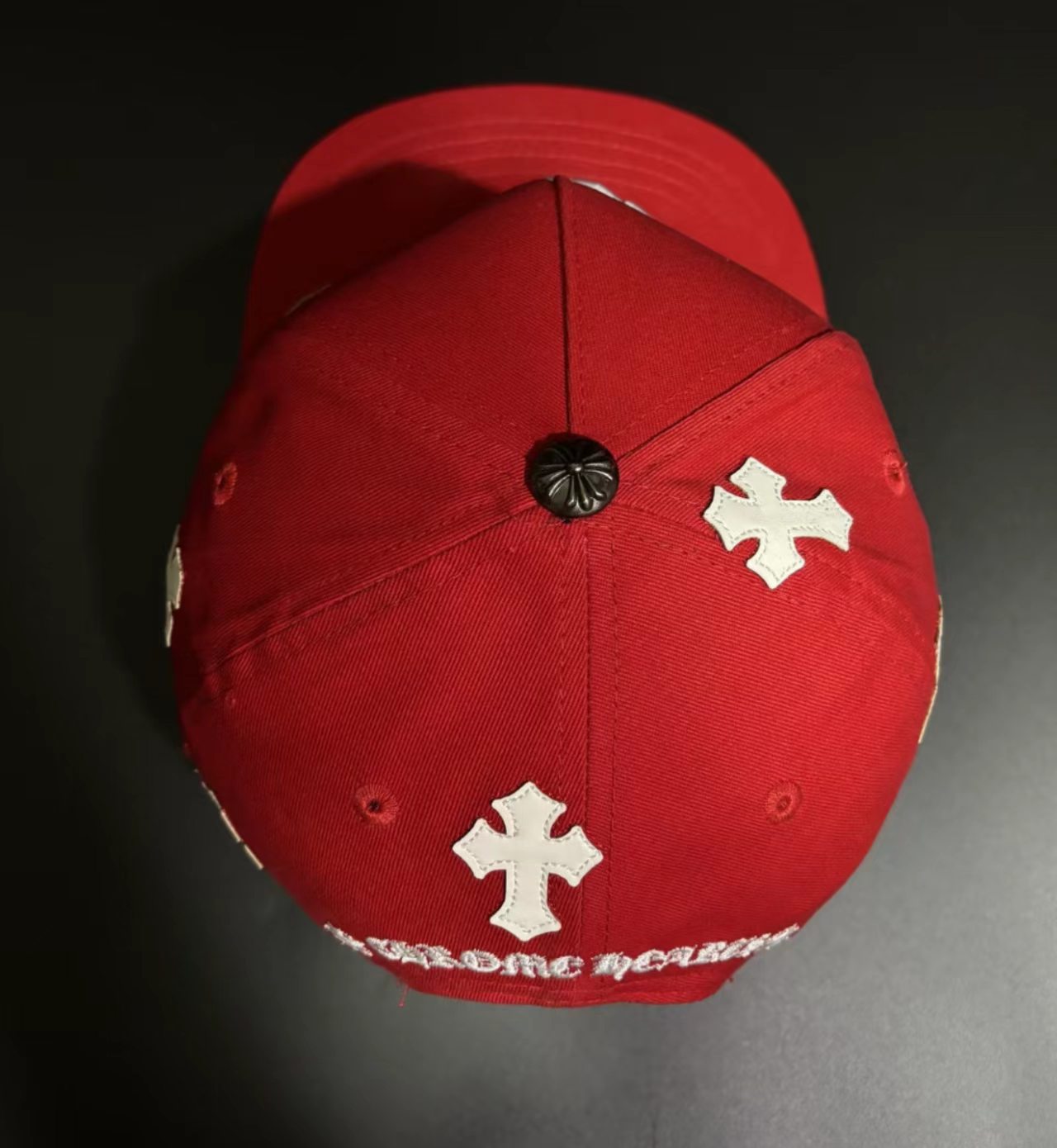 Chrome Hearts Style Red Snapback Cap with Cross Leather Patches