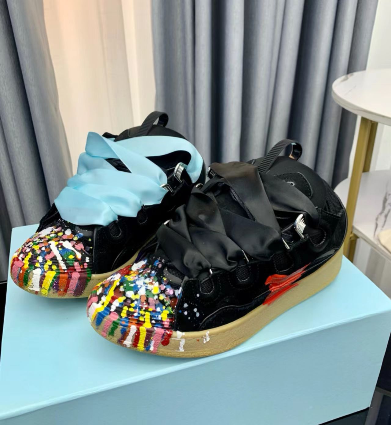 Lanvin Curb Sneakers "Black Hand-Painted Splatter"