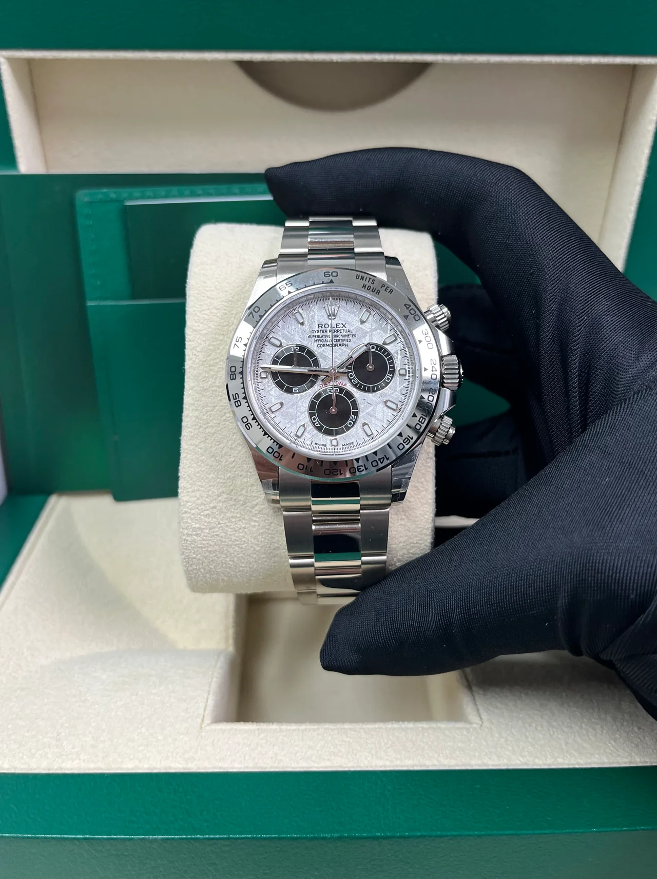 [2026 Mirror Grade]Rolex Daytona White Gold Daytona 40mm Meteorite Dial Steel and Black Oyster (Reference # 116509)