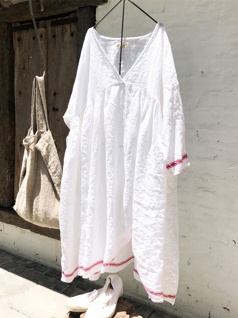 Linen Casual Solid Color V-neck Dress