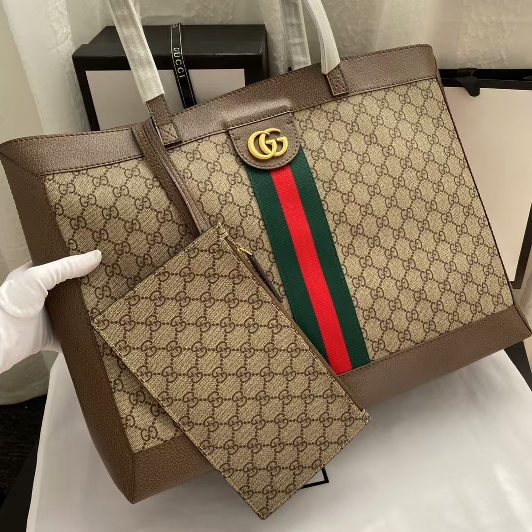Gucci GG Monogram Web Ophidia Medium  Tote Brown