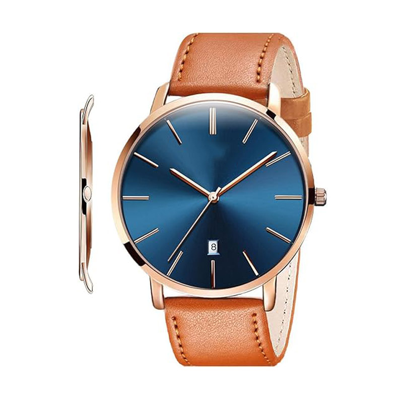 KINDWIN Men's watch, simple, ultra-thin, stylish and casual quartz wristwatch with date display, waterproof, slim and minimalist large dial dress watch, genuine leather strap, suitable for men.