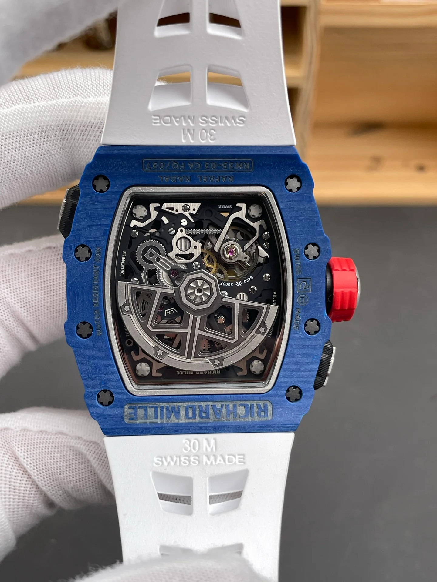 RM35-03 Carbon Fiber Blue Case White Strap