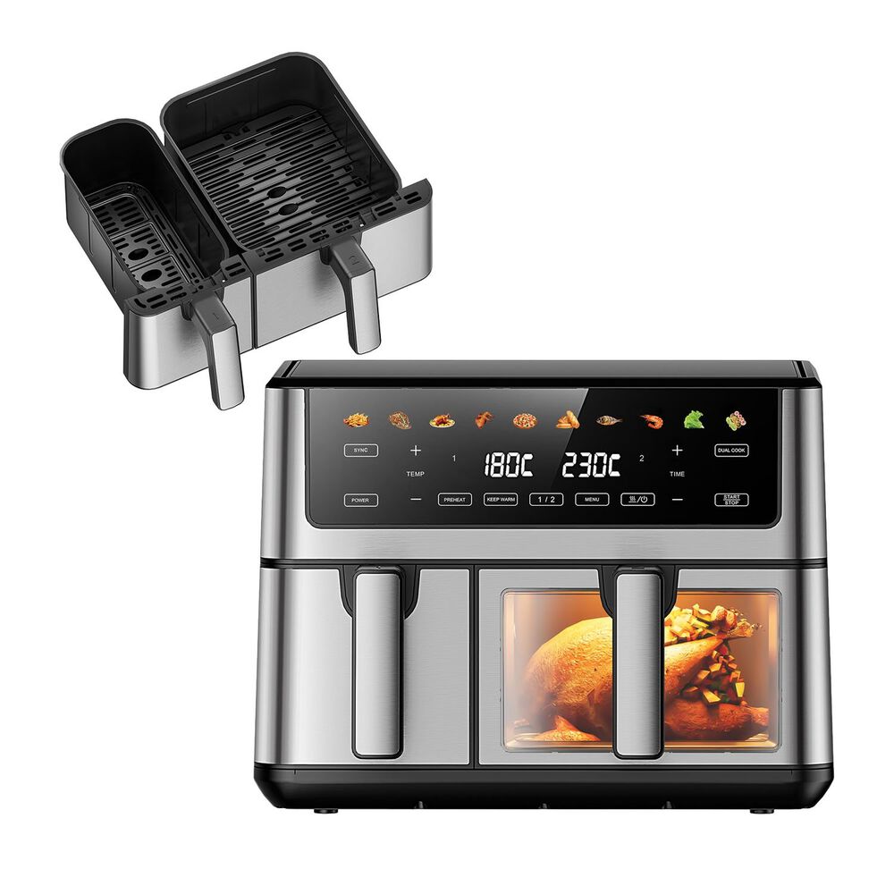 EXTRALINK Frytkownica beztłuszczowa z okienkiem Extralink Dual Basket, 2 komory, 2500 W, 6,5 l i 3,5 l, srebrna