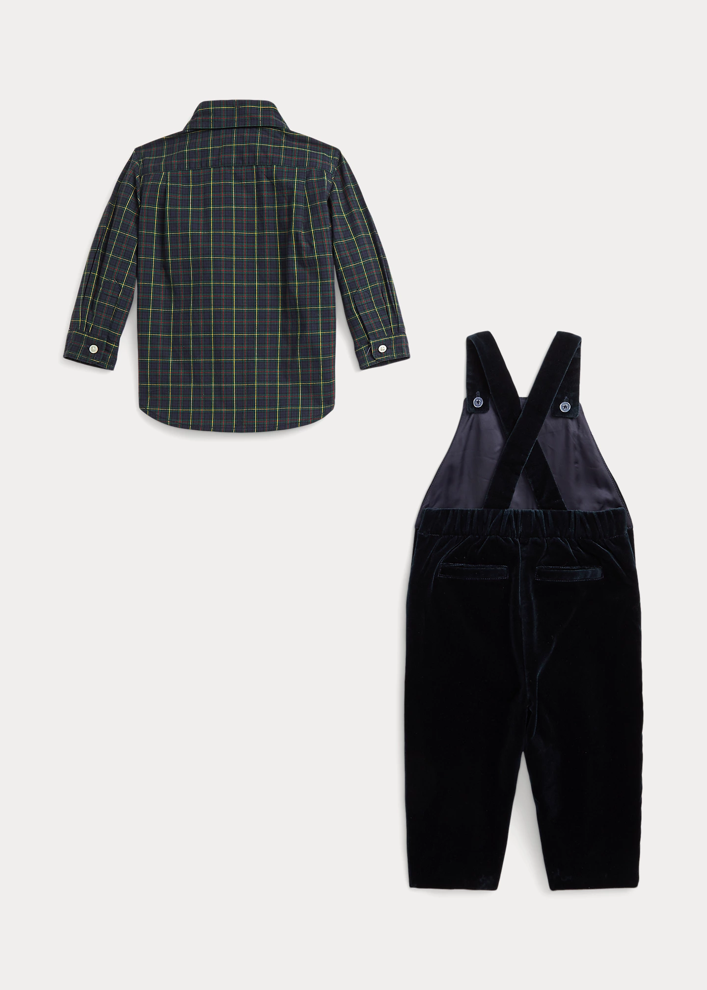 Plaid Cotton Shirt & Velvet Overall Set