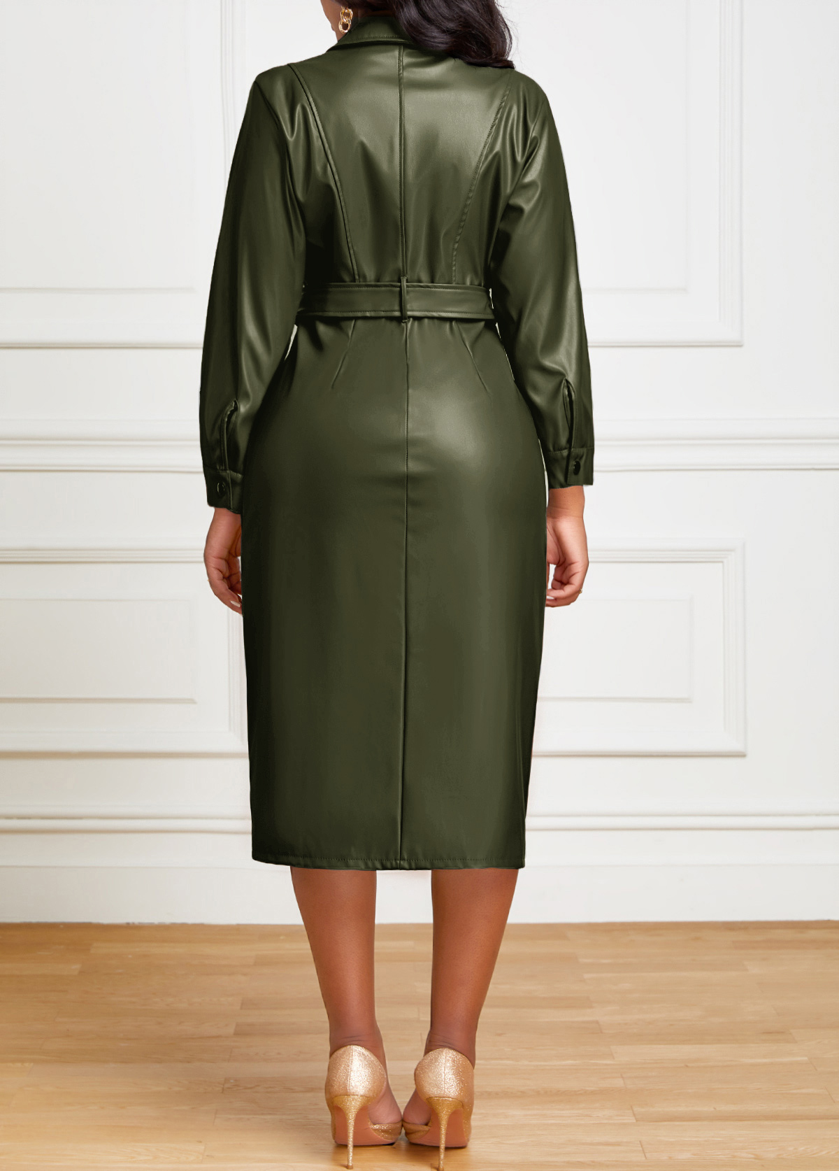 Belted Faux Leather Snap Button Dress
