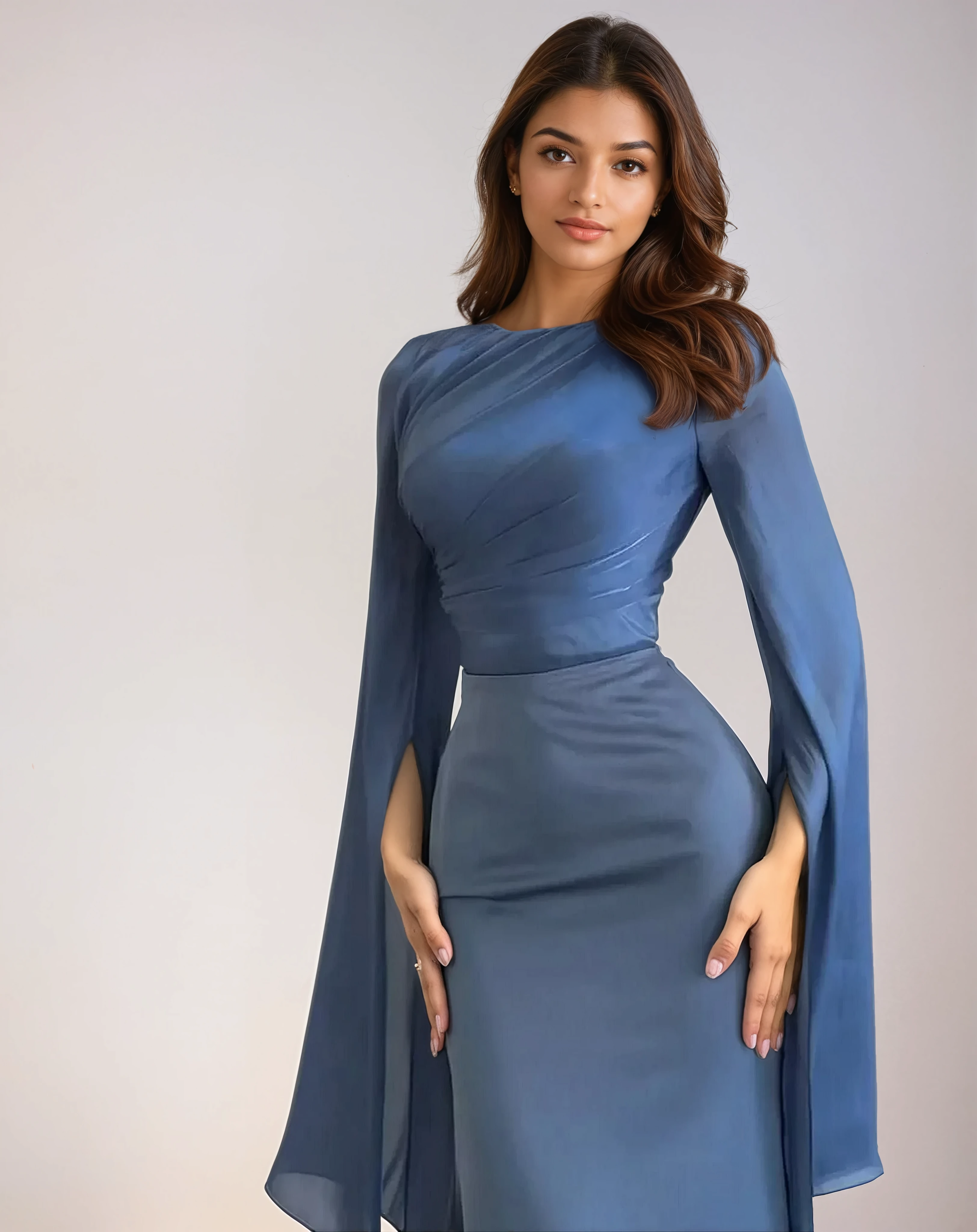 Blue Satin Maxi Gown with Elegant Split Sleeves – Modest Formal Dress