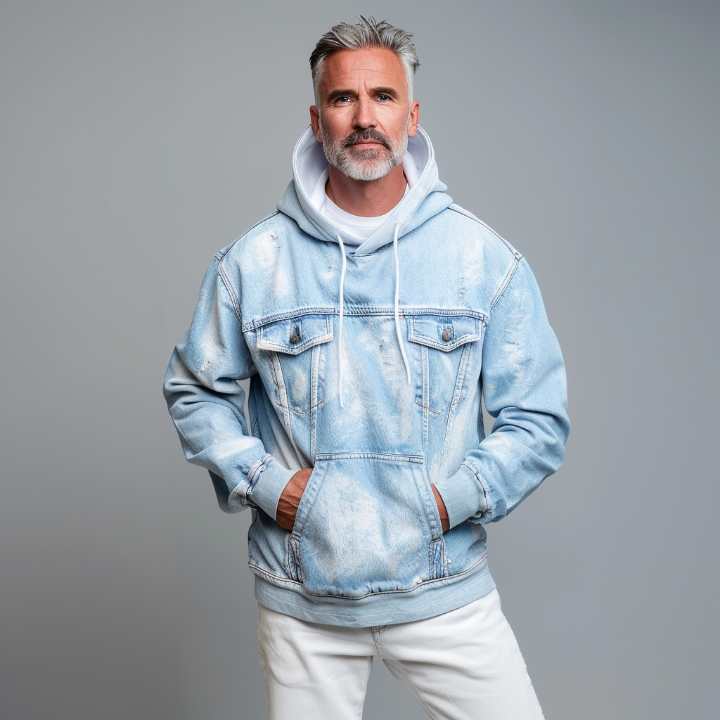 Men's Fashion Washed Denim Pockets Drawstring Hooded