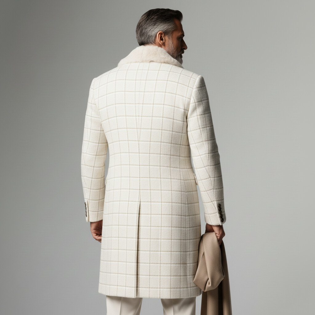 Men's Business Beige Fur Lapel Single Breasted Long Sleeve Plaid Print Trench Coats