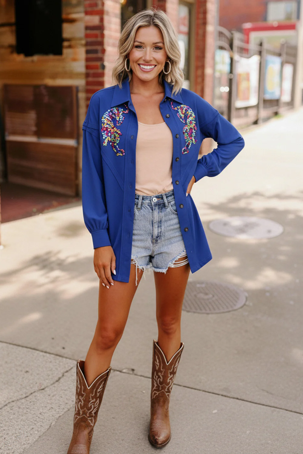Tiger Sequin Applique Button Down Jacket