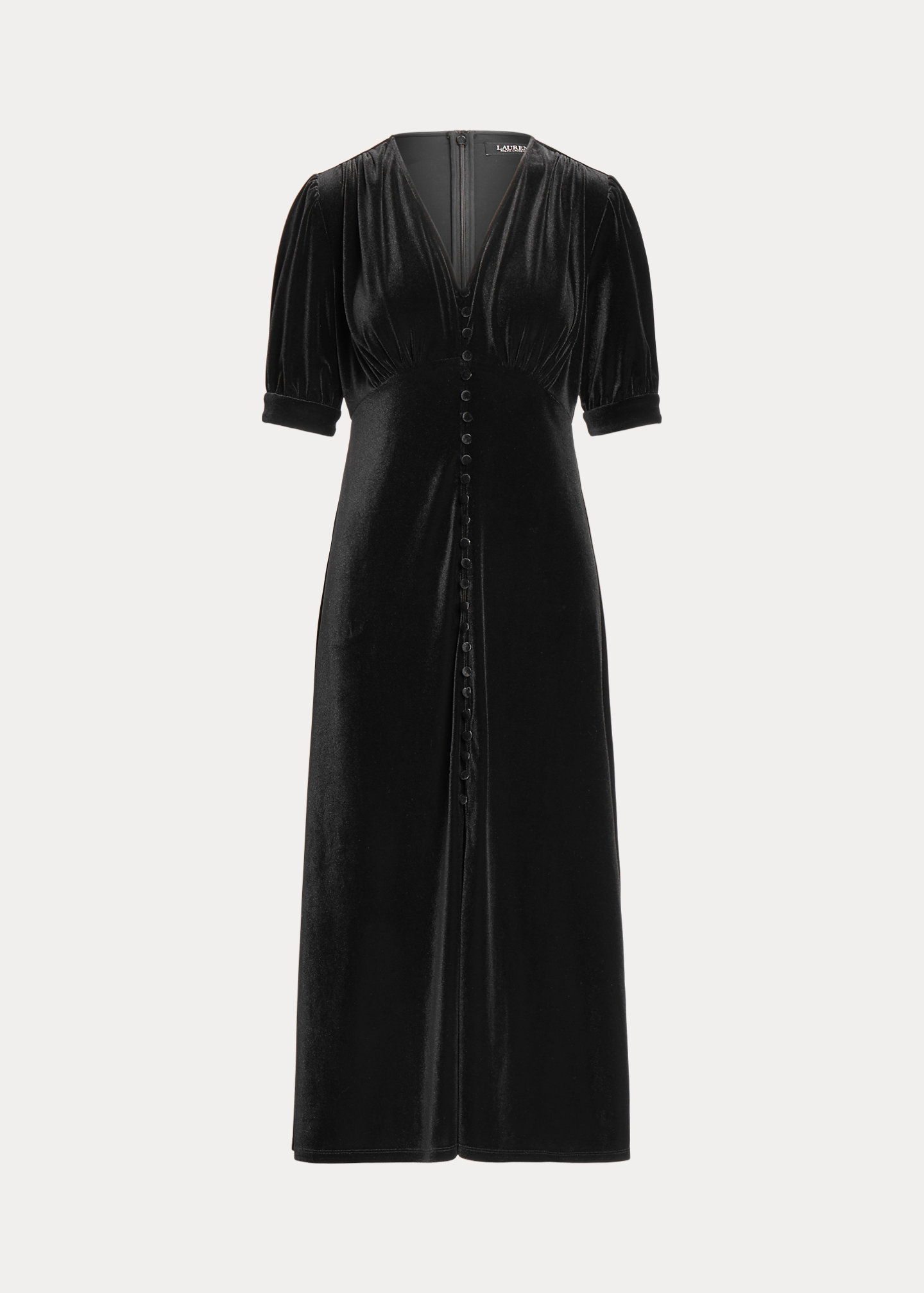 Stretch Velvet Puff-Sleeve Midi Dress