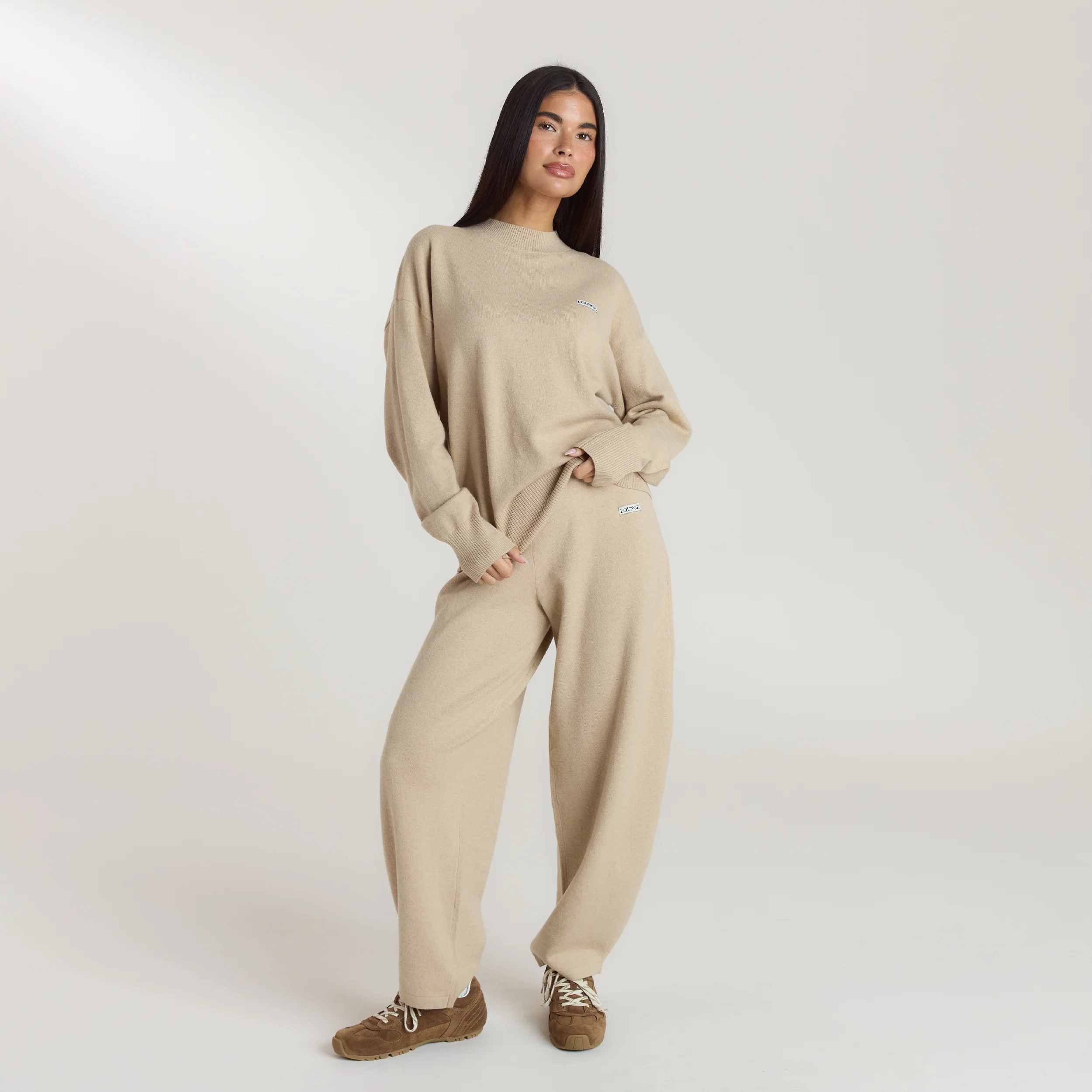 Barrel Leg Knitted Joggers - Oatmeal Marl