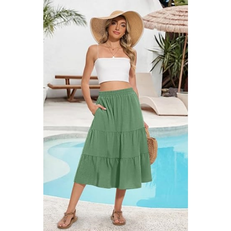 Women's Tiered Ruffle High Waist A‑Line Summer Midi Skirt