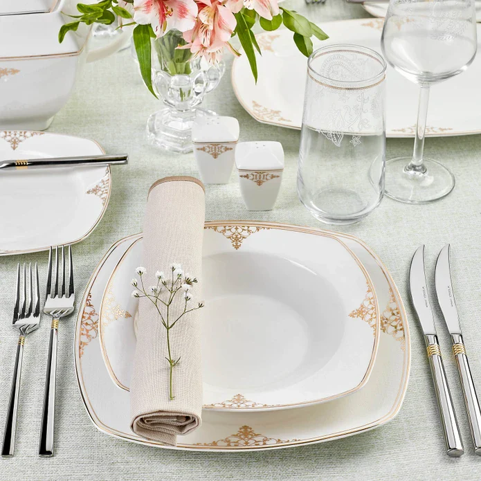 Service de table Karaca Milena 60 pièces, 12 personnes, or, carrées