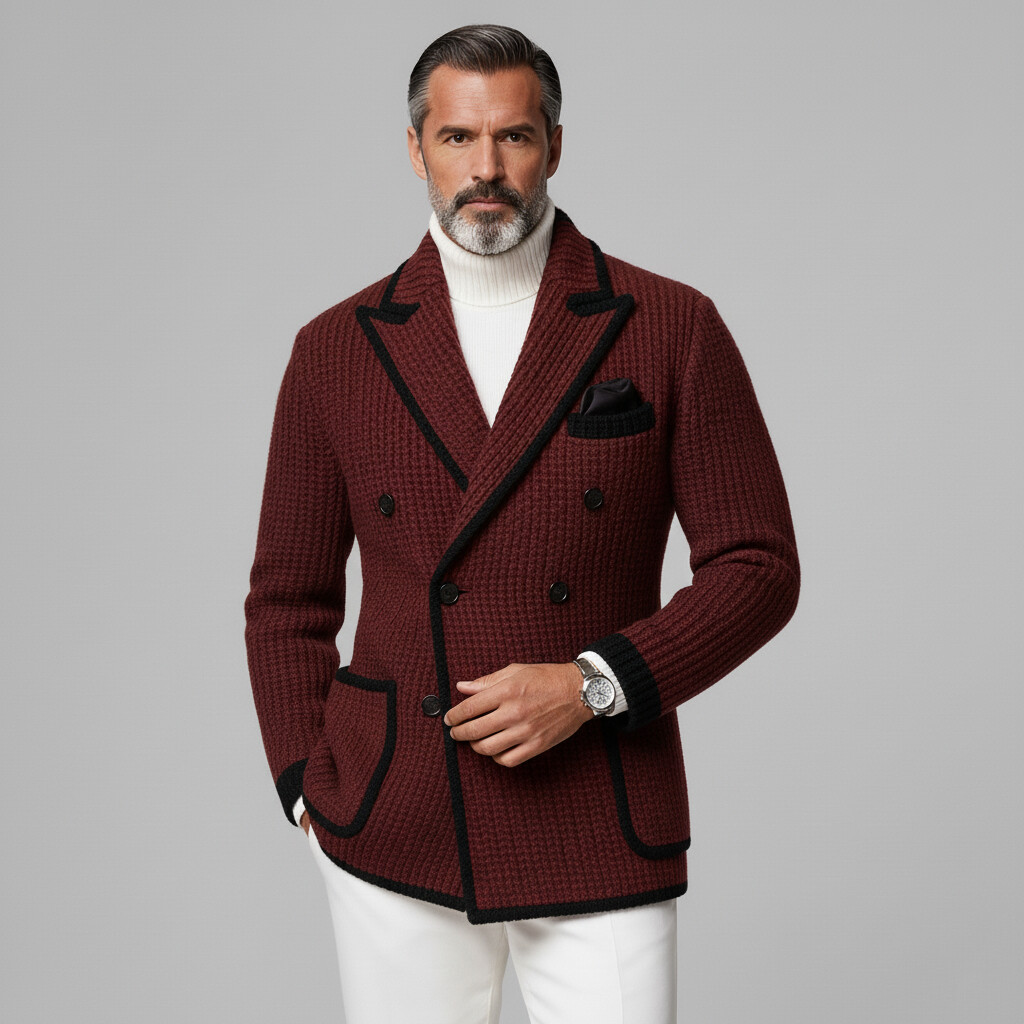 Men's Burgundy Knitted Peak Lapel Double Breasted Long Sleeve Pocket Contrast Trim Blazer