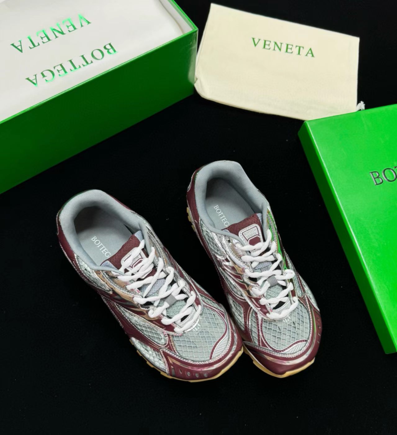 Bottega Veneta Orbit Sneakers Burgundy/Silver Mesh