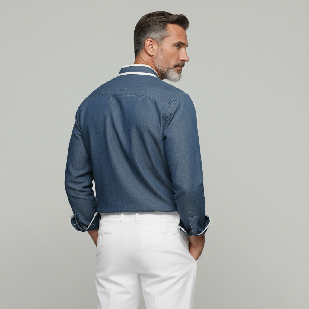 Men's Flap Pockets Contrast Binding V Neck Single Breasted Long Sleeve Shirt