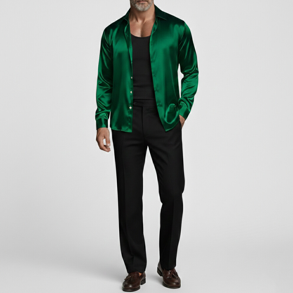 Men's Gradient Satin Shirt Collar Single Breasted  Long Sleeve Shirts