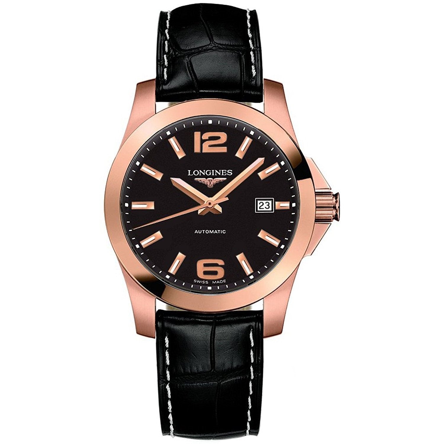 [2026 Mirror Grade]Longines Men's L36768563 Conquest 18kt Rose Gold Automatic Black Leather Watch