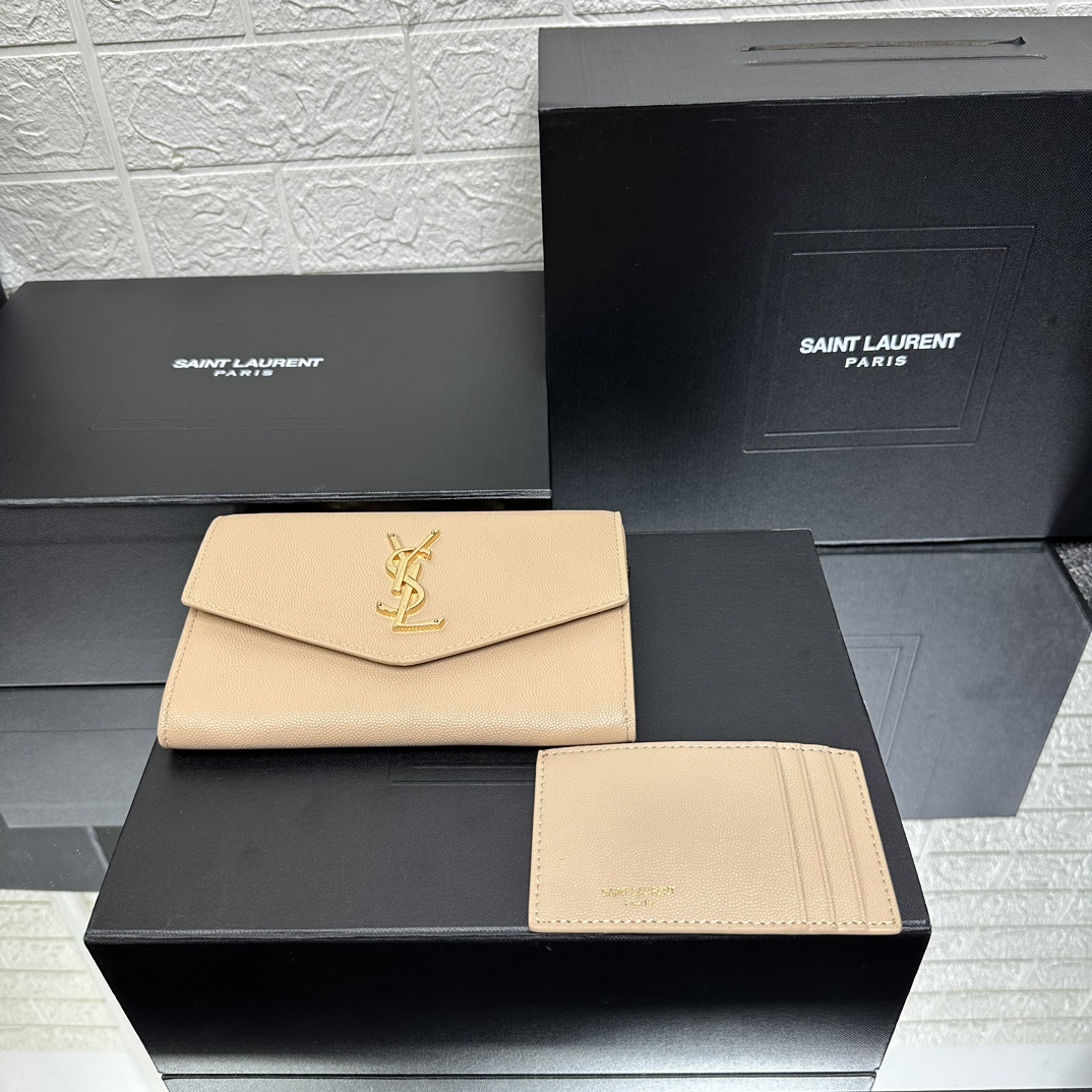 SAINT LAURENT  Grain De Poudre Monogram Uptown Chain Wallet Dark Beige-Gold hardware - Bag