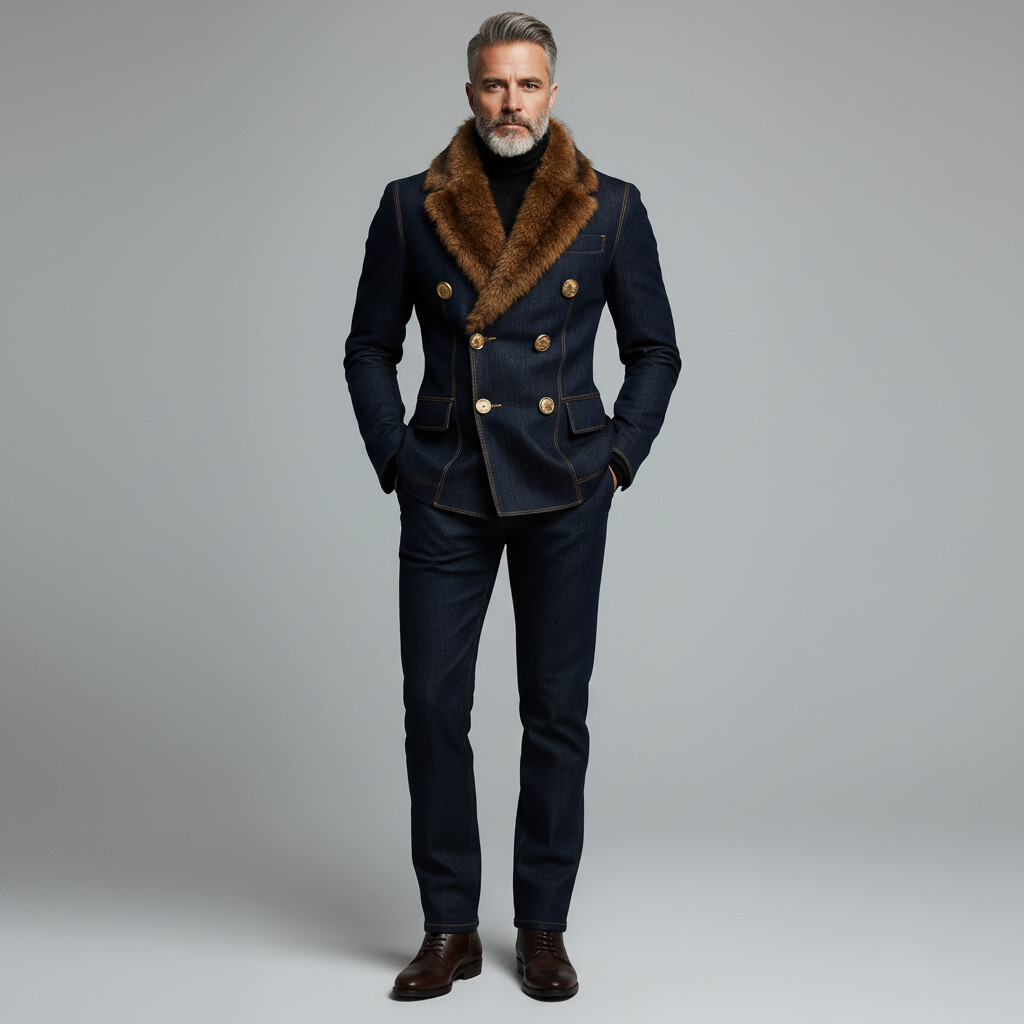 Men's Navy Blue Furry Collar Double Breasted Long Sleeve Denim Blazer