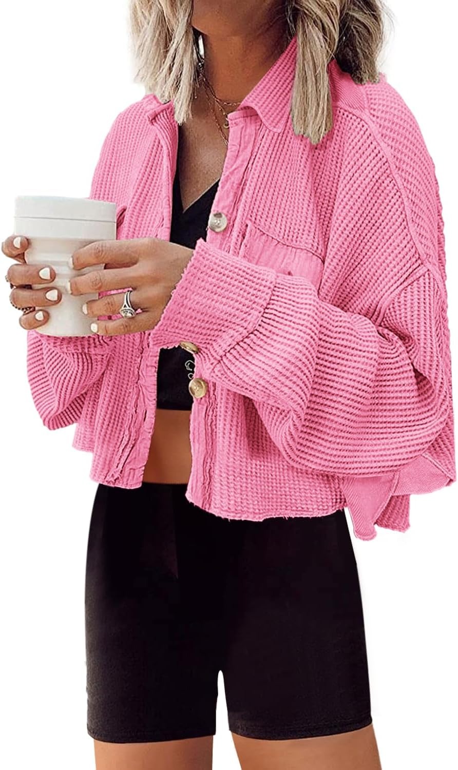 Vetinee Women’s Oversized Button Up Frayed Hem Shacket Long Sleeve Pockets Denim Jean Jacket