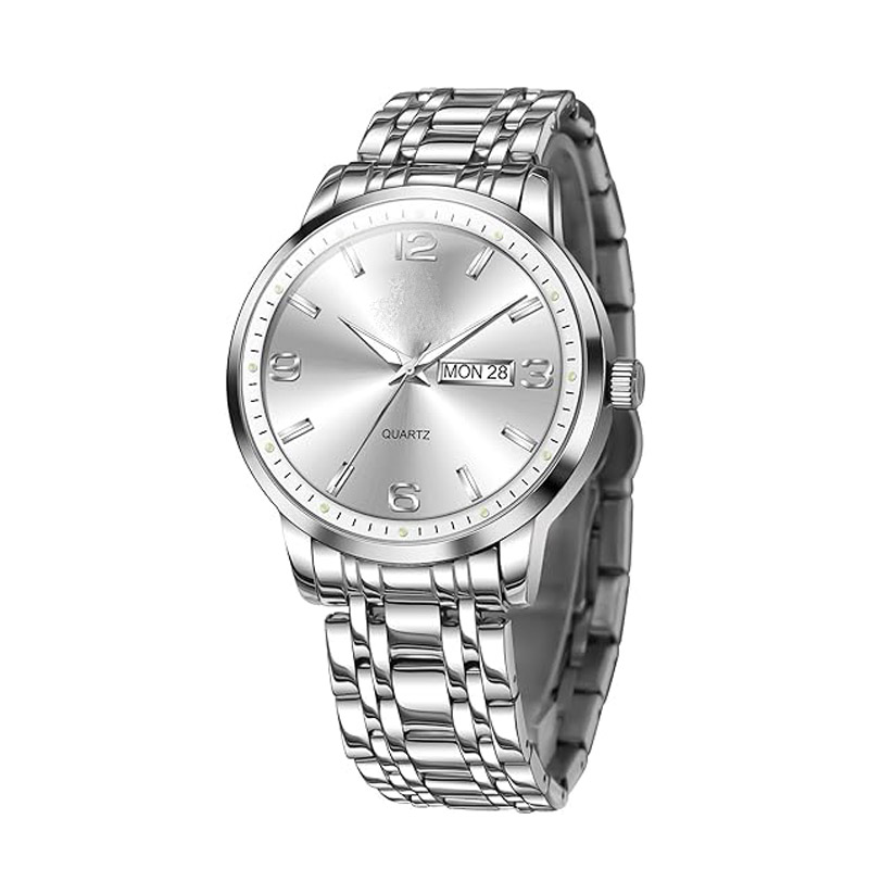 KINDWIN Stainless Steel Mens Watches with Day Date Analog Large Face Classic Watch Arabic Numerals Luminous Rlojes para Hombres Quartz Dress