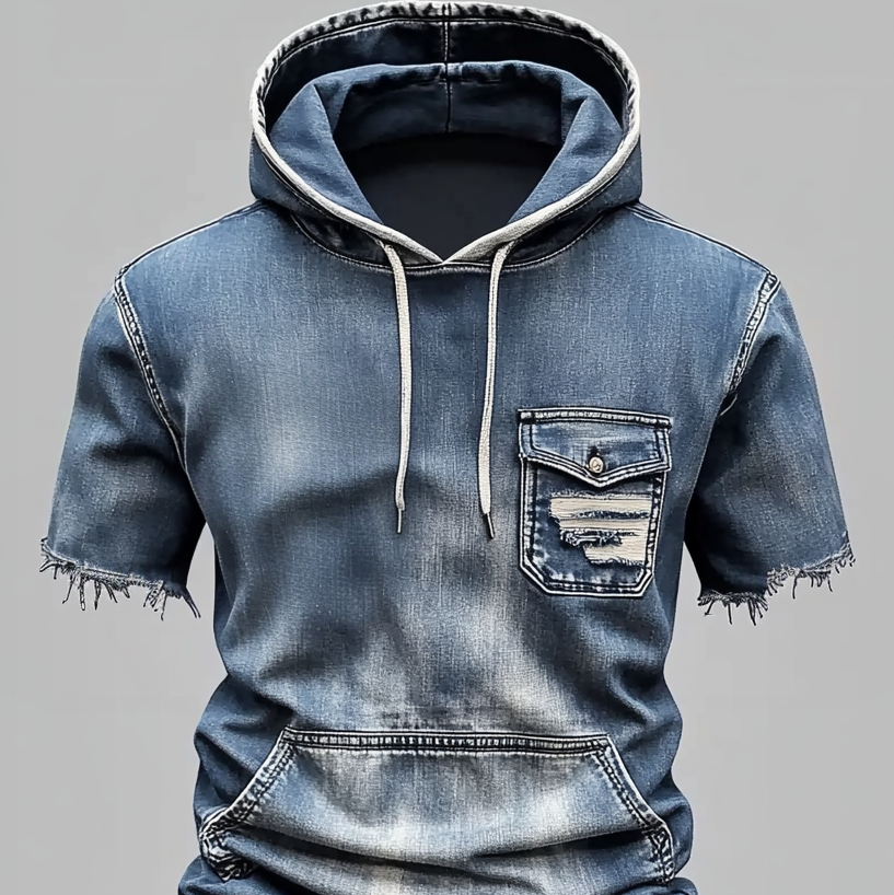 Men's Denim Raw Edge Drawstring Chest Pocket Short Sleeve Hoodie
