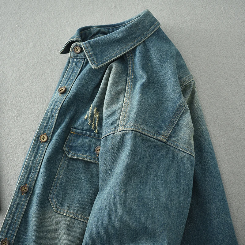 Men’s Autumn and Winter American Style Thick Nostalgic Washed Denim Shirt Youth Retro Casual Loose Shirt Jacket Coat