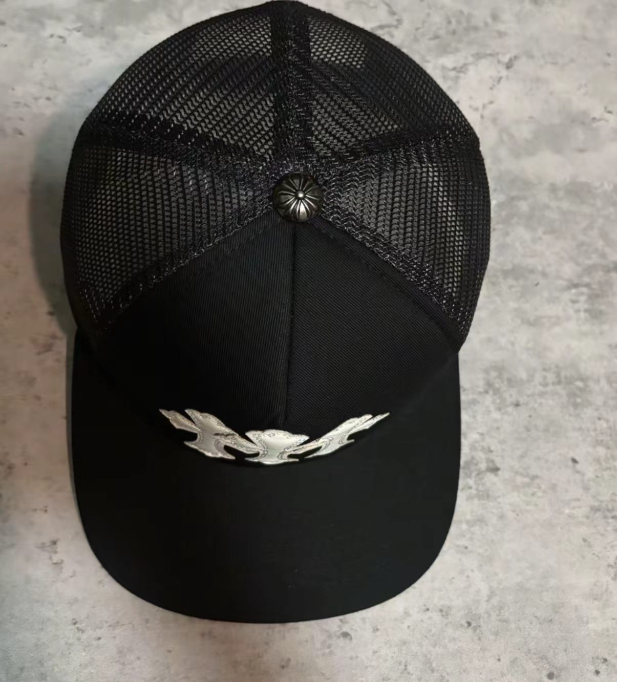 Chrome Hearts Black Mesh Snapback Cap with White Cross Patches