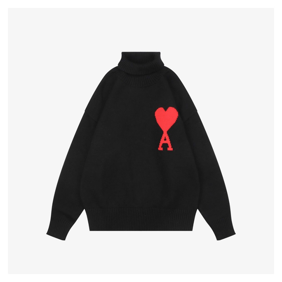 Ami Heart Intarsia Turtleneck Sweater (White/Black)