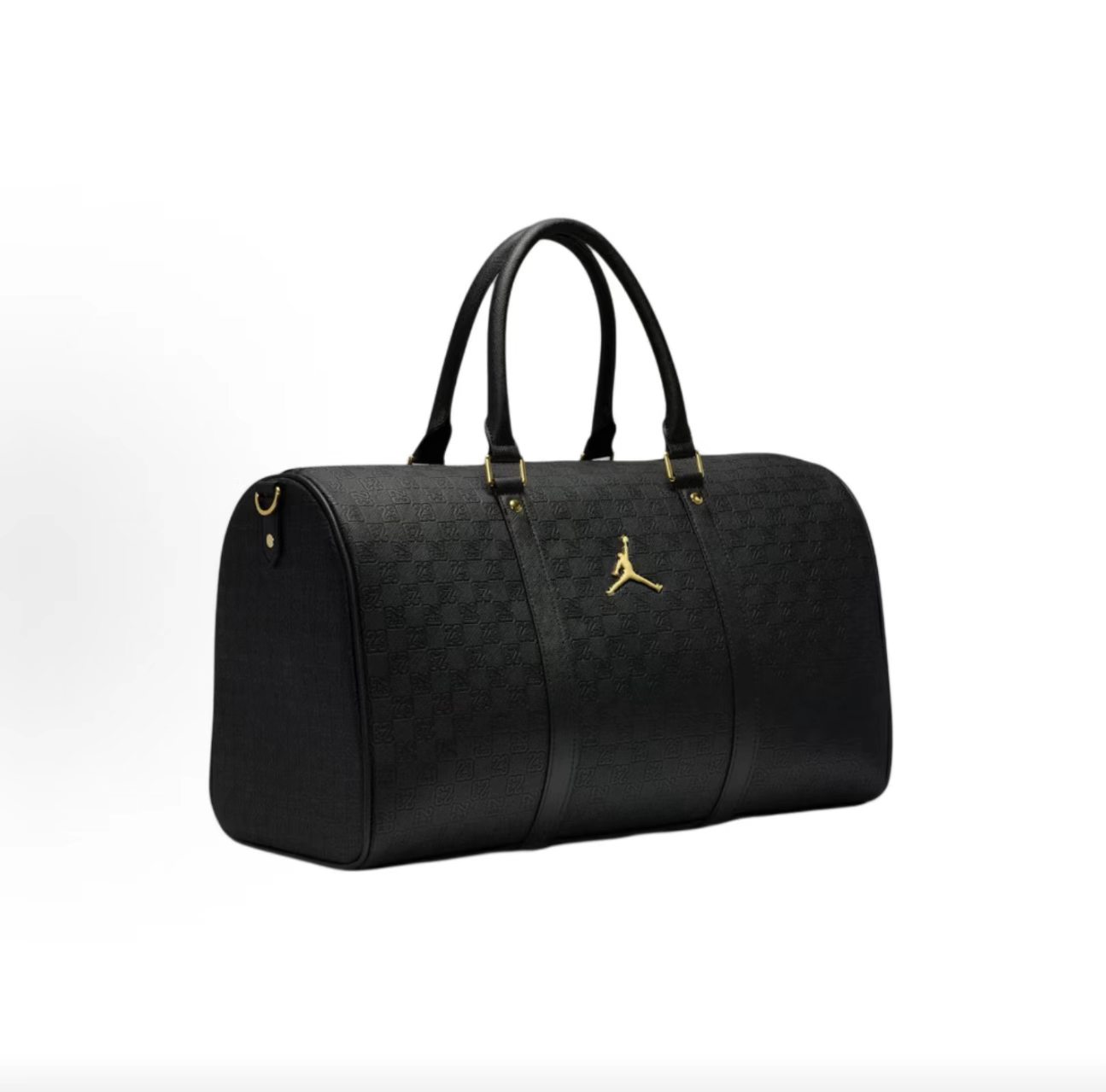 Jordan Allover Embossed Monogram Black Leather Gold Jumpman Large Duffle Crossbody Bag