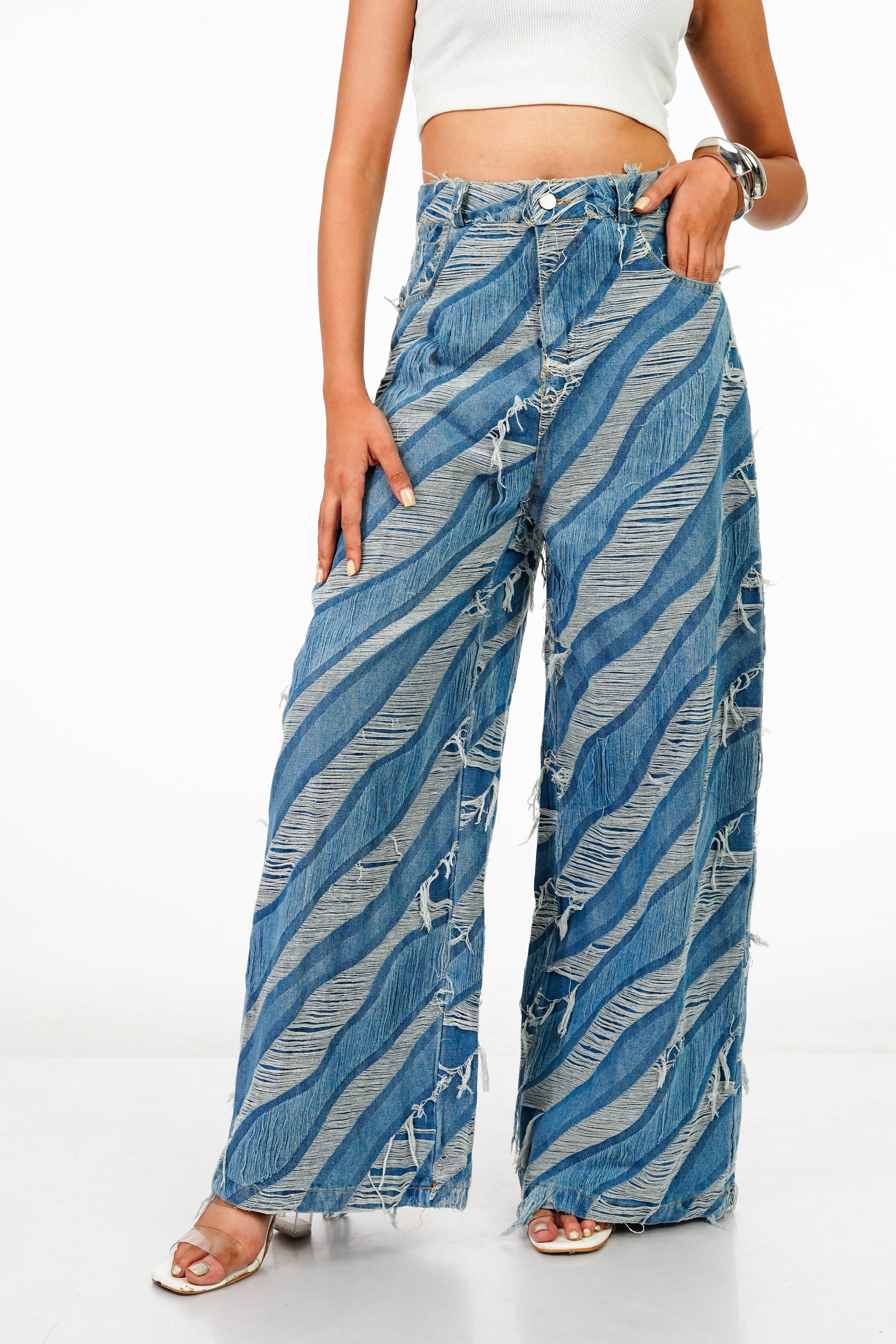 Wavy Distressed Wide Leg Denims