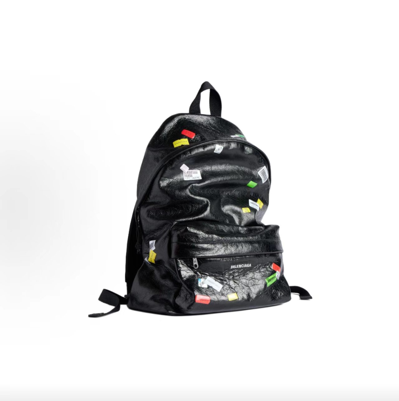 Balenciaga Explorer Multi Sticker Crinkled Leather Backpack Black