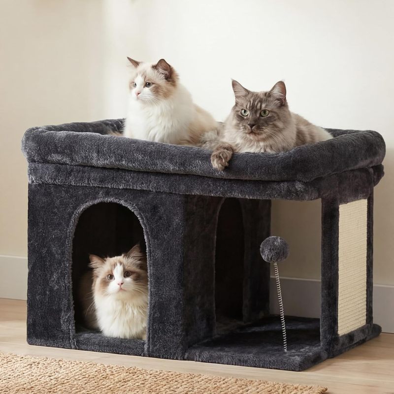 Cat Tree, 14 inch Cat Tower with Large Perch Bed and Cat Condo for Indoor Cats Large Adult, Cat House with Scratching Posts and Interactive Spring Balls for Your Kittens, Smoky Gray HCT203SG