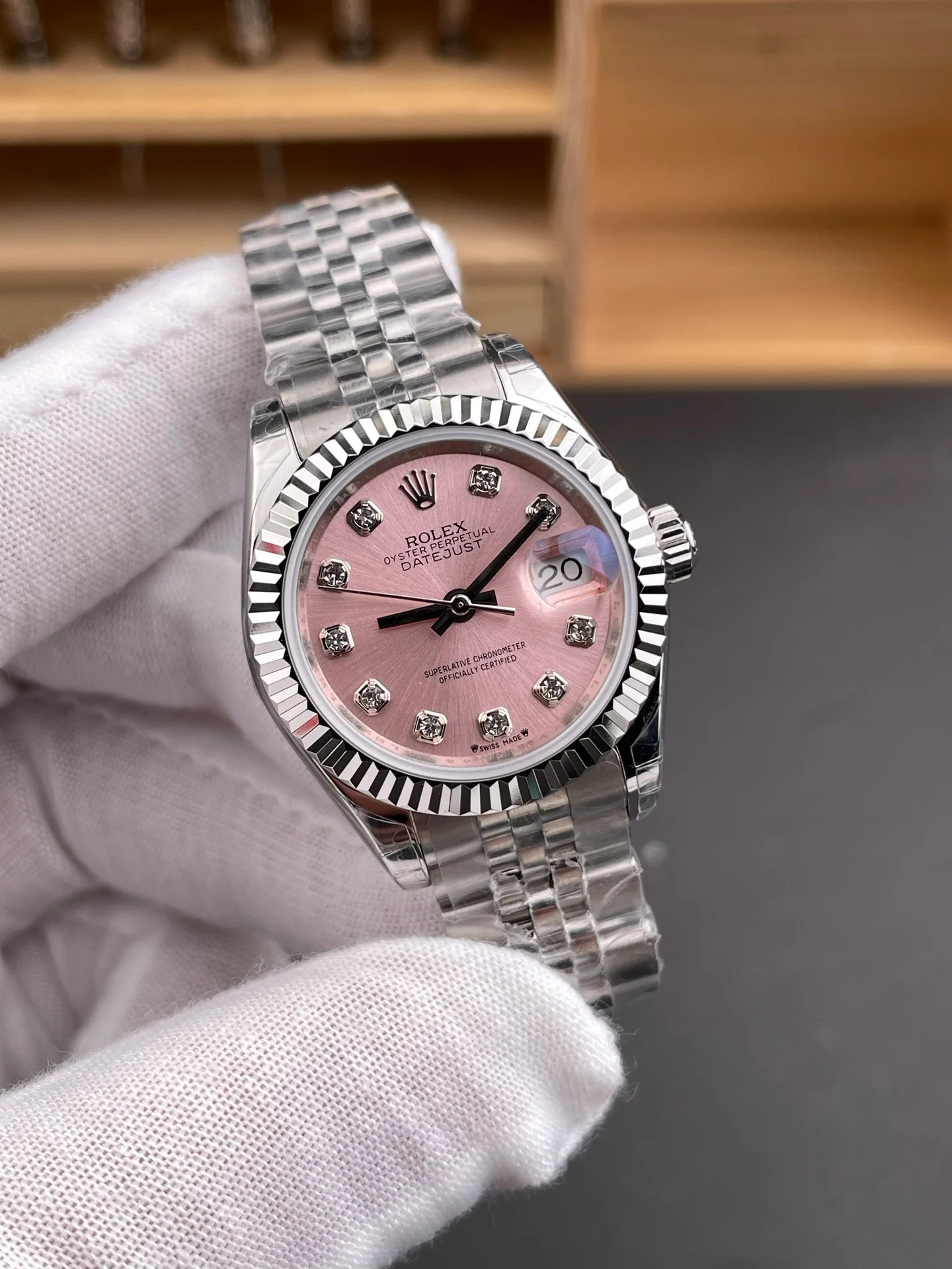 Pink Dial Datejust Diamond Markers Ladies Watch