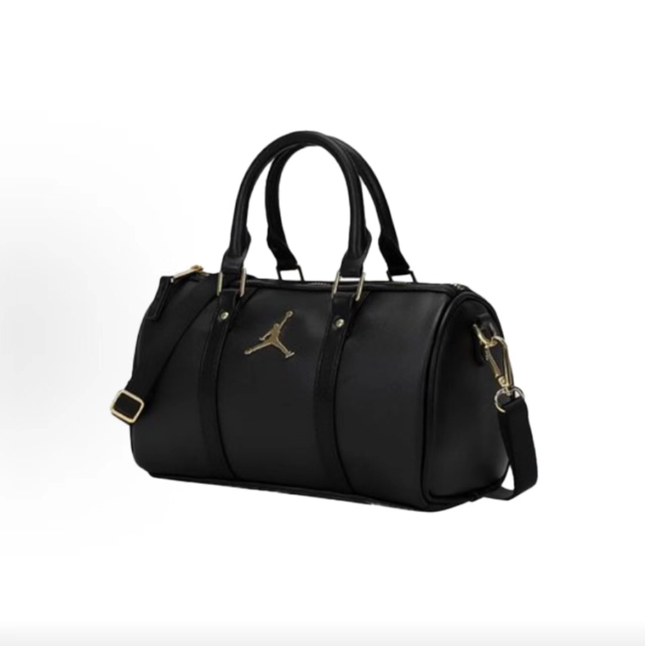 Jordan Gold Jumpman Logo Black Leather Mini Duffle Crossbody Bag