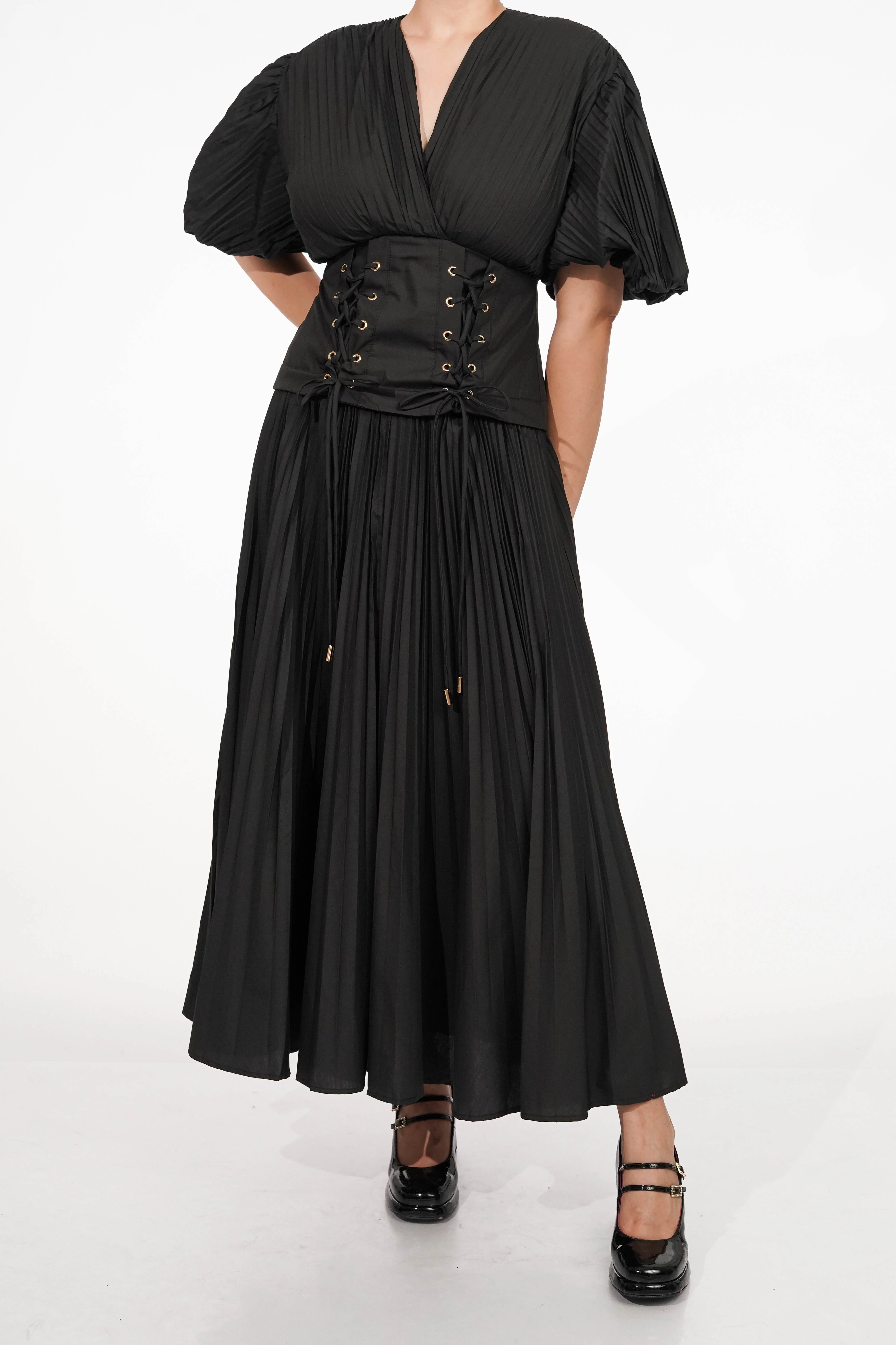 Black Pleated Tie-up Dress