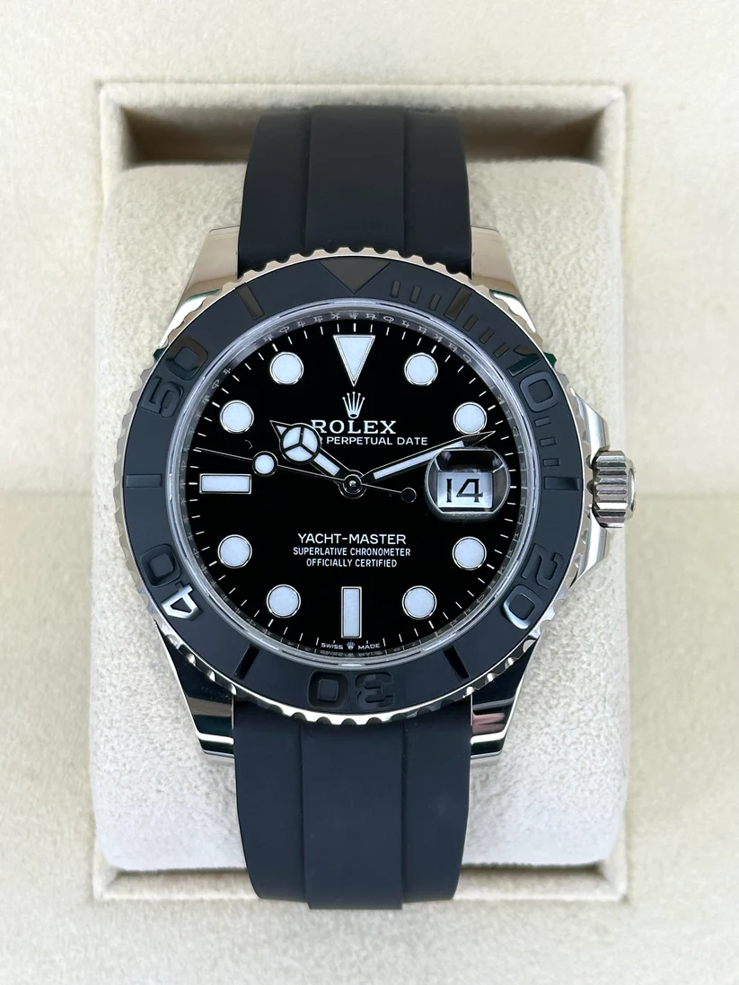 [2026 Mirror Grade]RLX White Gold Yacht-Master 42mm Watch - Black Dial - Rubber Strap (Ref # 226659)