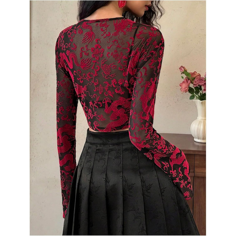 Women's Mesh Sheer Cheongsam Top Dragon Print