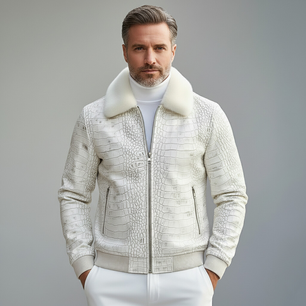 Men's Beige Plush Collar Long Sleeve Zipper Pockets Crocodile Pattern PU Leather Jacket