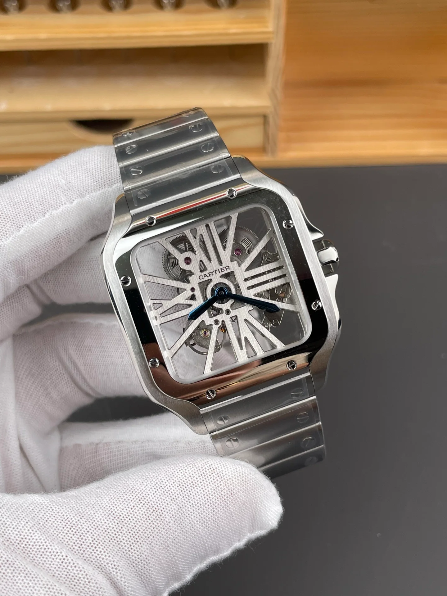 Santos Skeleton Series Steel Watch with Blue Hands