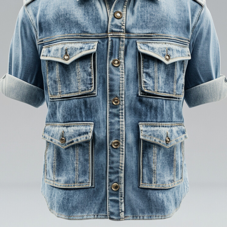 Men's Turndown Collar Long Sleeve Flap Pocket Denim Safari Shirt