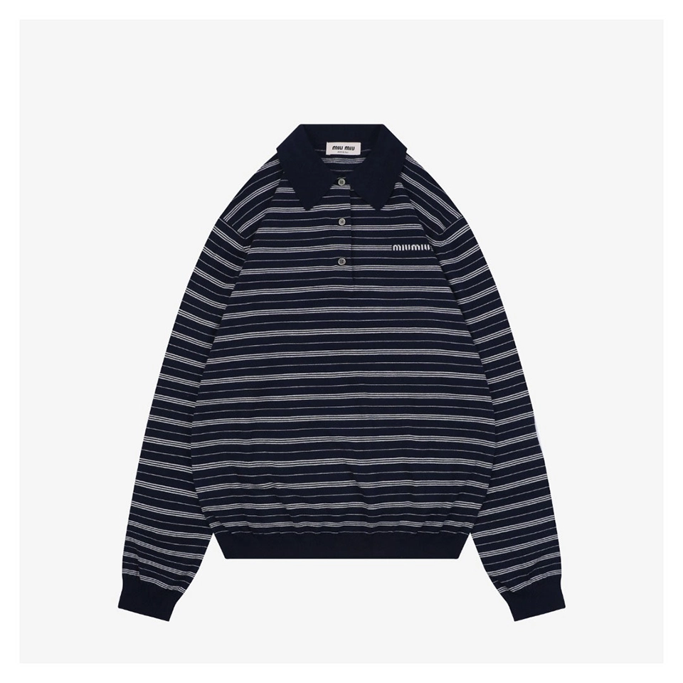 MM Striped Logo Long Sleeve Polo Shirt (White/Black)
