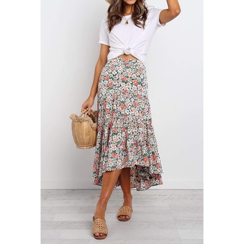 Women's Ditzy Floral Print High‑Low Hem Midi Skirt