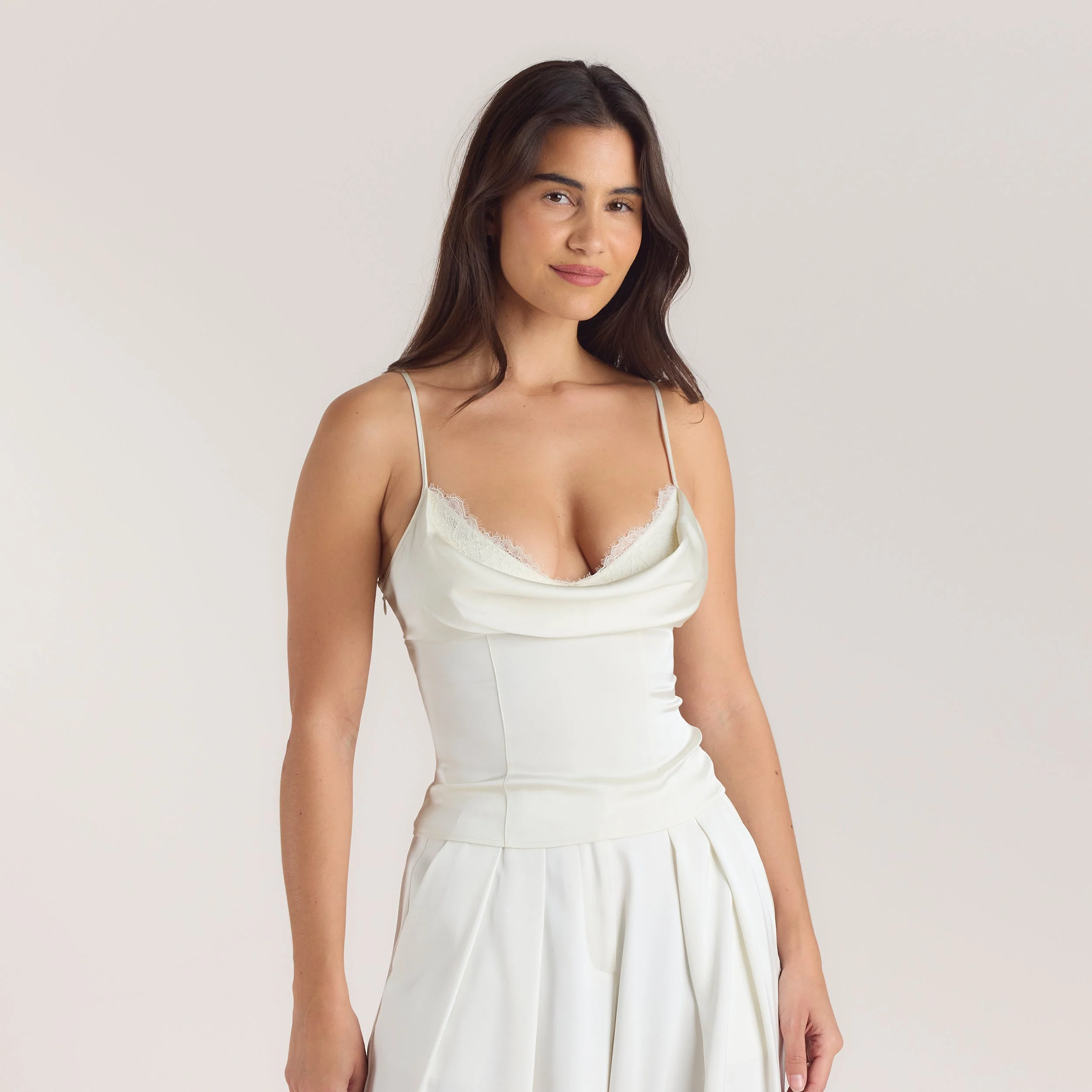 Satin Cowl Neck Cami Top - Cream