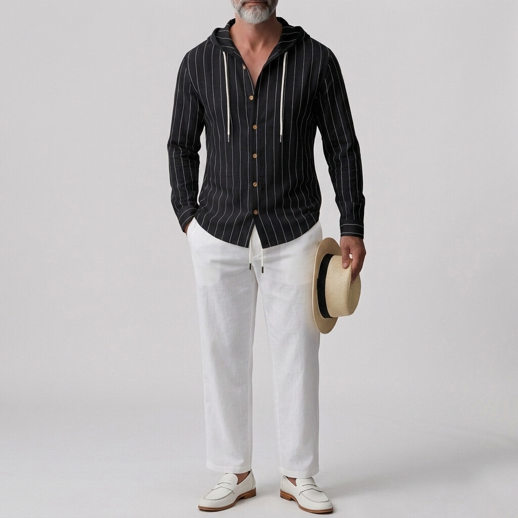 Men's Casual Striped Drawstring Hooded Single Breasted Long Sleeve Shirt