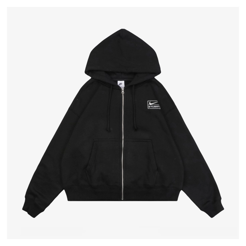 Nike X Stüssy Box Logo Embroidered Fleece-Lined Zip Hoodie (Grey/Black)